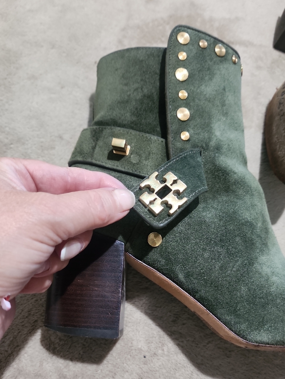Tory Burch Kira 70mm Stud Suede Bootie in Olive Green - Picture 7 of 12